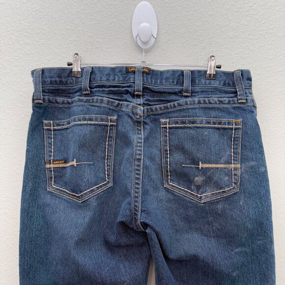 Ariat Rebar M4 Relaxed Bootcut Distressed Denim Blue Jeans Pants Mens size 38x34 - Picture 7 of 8